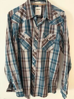 Fossil Teal and Brown Plaid Long-Sleeve Button-Down Shirt